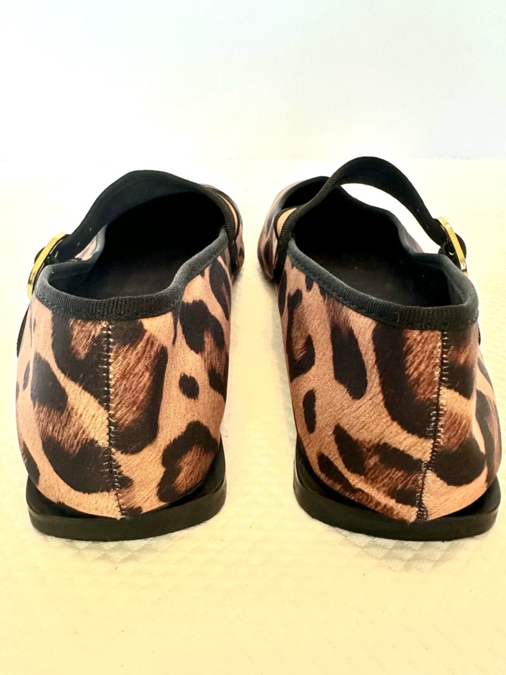 Zara Leopard-Print Mary Jane Ballet Flats in Tan & Black Gold Buckle Satin Like - Picture 3 of 7